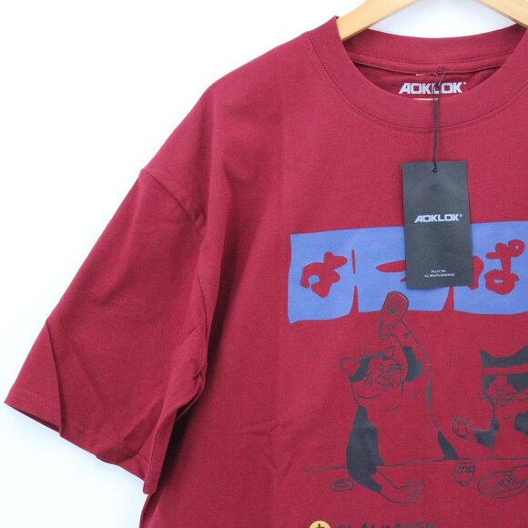 AOKLOK Shirt Mens Red Short Sleeve Japanese Cats Graphic Logo Cotton Small S NWT - Picture 3 of 9